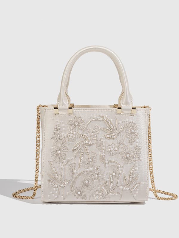 Z-Style Fashionable Versatile Handbag Crossbody Bag with Artificial Pearl Trim, Satin Women's Bag, Retro Floral Small Square Bag