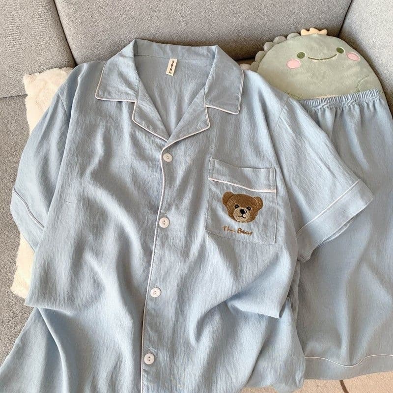 Men's Wearable Sleepwear Summer Short Sleeve Cloud Cotton Bear Home Suit Set Plus Size Youth