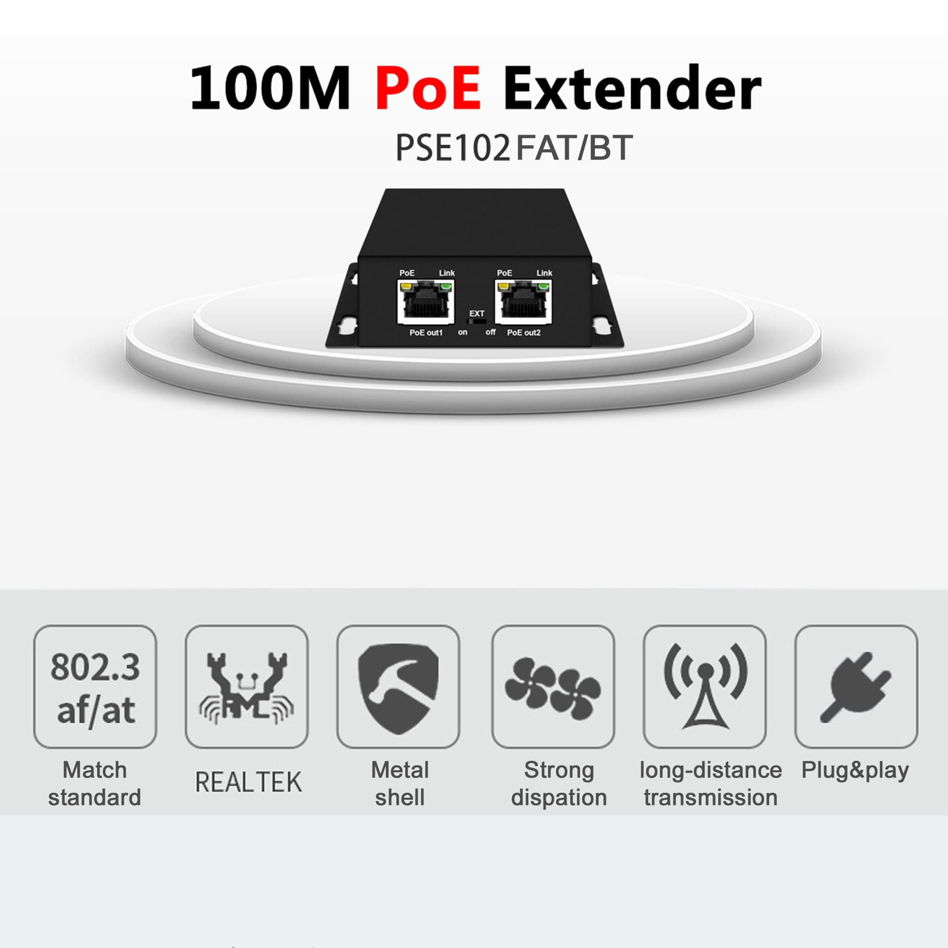 2 Ports POE Extender & Injector, 100/1000M, VLAN, Max 250m @10M
