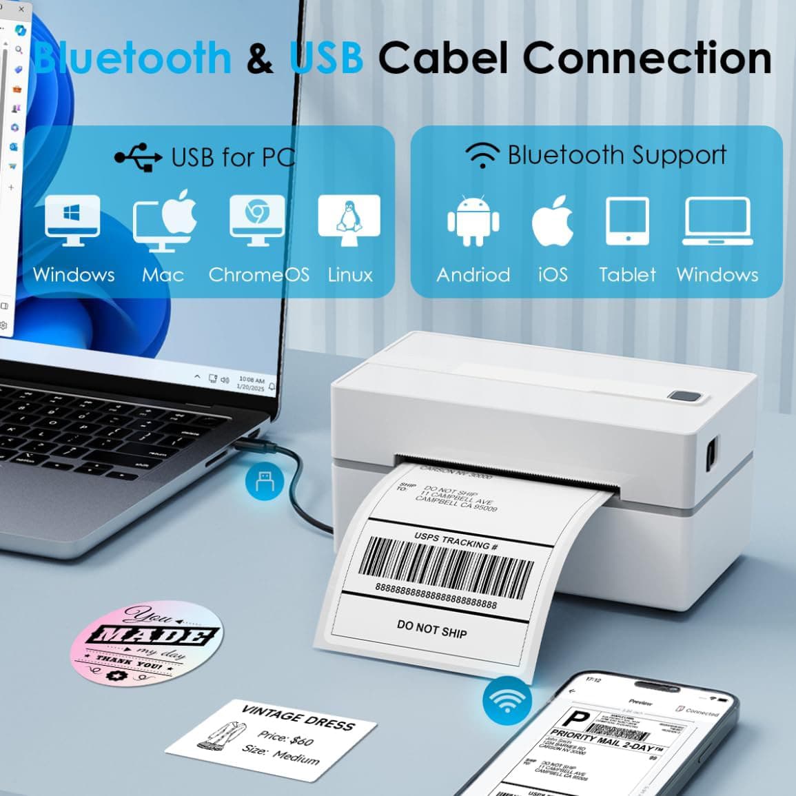 Temu Express Thermal Bluetooth Electronic Waybill Printer, Barcode Label Printer, Inkless Printer
