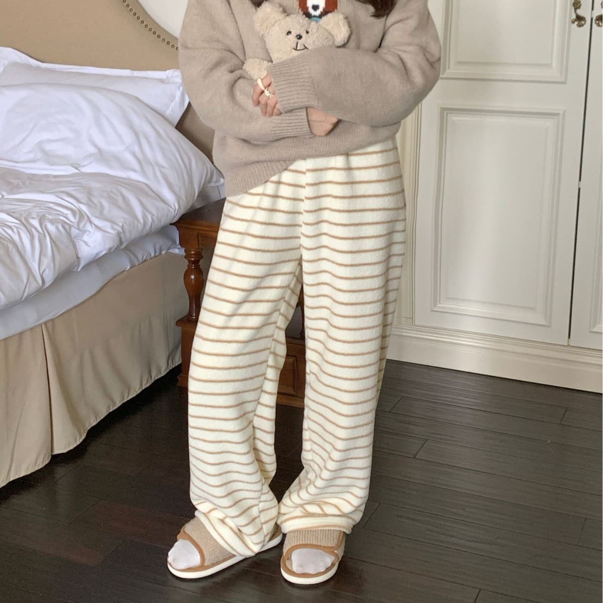 Korean Style Striped Fleece Flannel Lounge Pants, Thickened Warm Straight Leg Home Pants, Wear-Out Pants