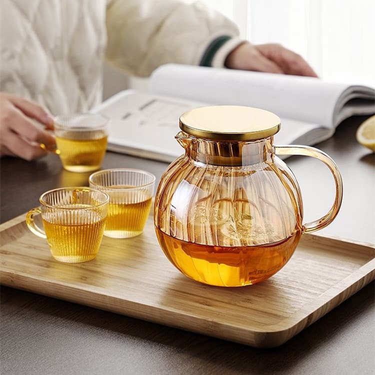 Amber glass cool kettle set large capacity colored glass juice drink kettle gold lid striped cool white kettle
