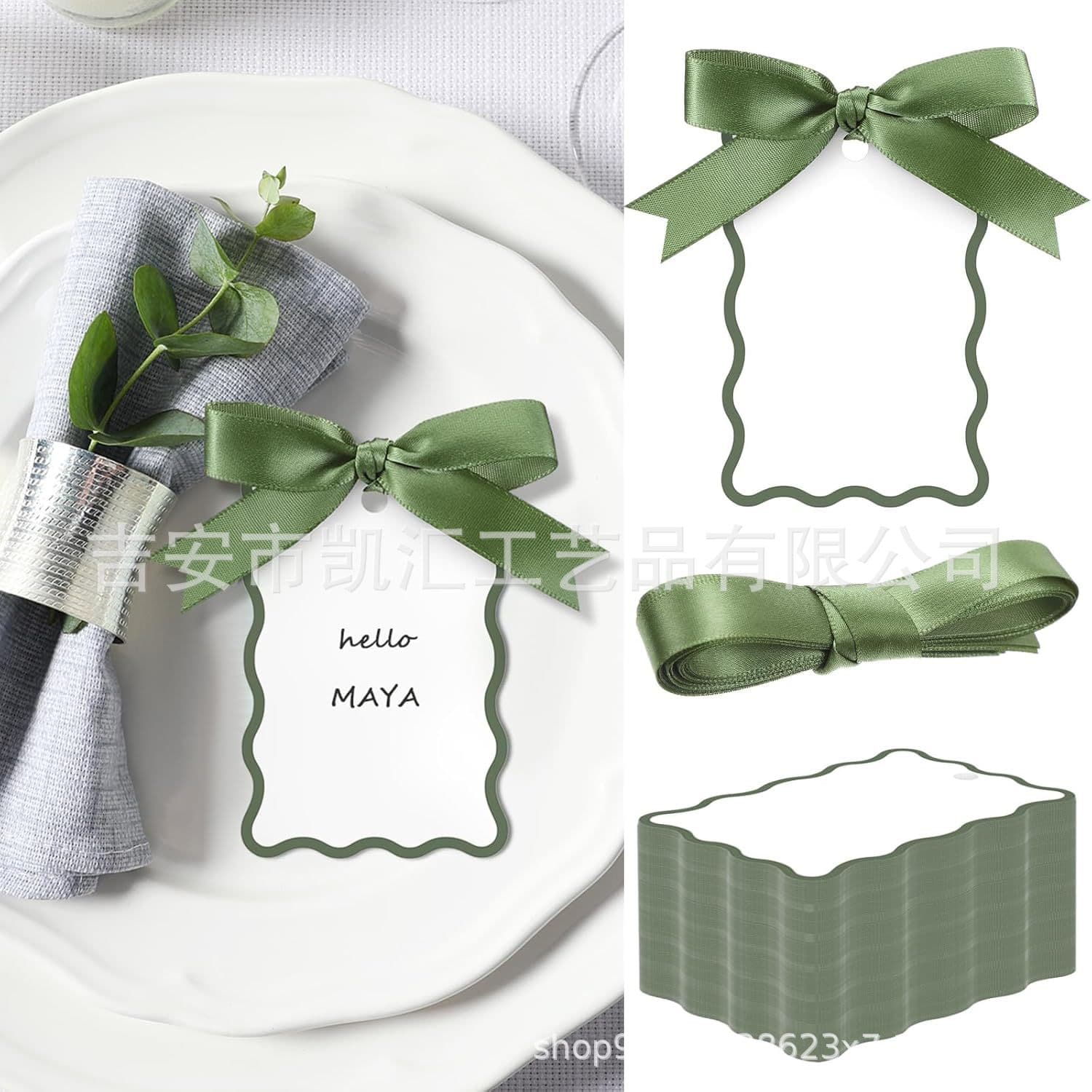 Scallop-shaped ribbon place cards for wedding table settings, birthday engagement dinner table decorations