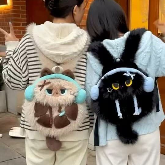 Hot style cute plush Siamese headphones cat student travel fashionable backpack high-looking ins lightweight backpack for women