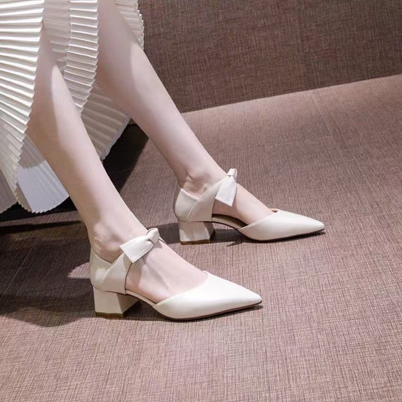 Women's Chunky Heel Pointed Toe Open-Toe High Heels 2025 Spring Summer New Style Closed-Toe Butterfly Knot 5cm Elegance Mid-Heel Shoes