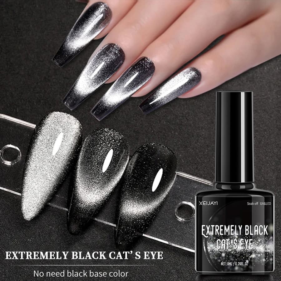 Extreme Black Crystal Stone Cat Eye Nail Oil Gel Galaxy Shimmer Dark Fairy Style Nail Polish White Enhancing Professional Salon Use