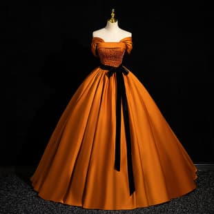 Orange Satin One-Shoulder Puffy Dress for Student Vocal Art Exams, Solo Performance, Hosting Annual Gala Evening Gown, Women's Orange Long Dress