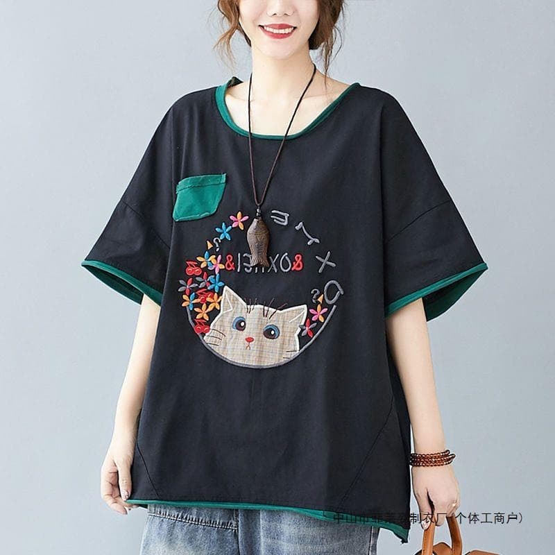 300 Jin Large Size Women's Clothing 2024 New Style Retro Loose Slim Embroidered T-Shirt Women's Summer Top for Fat Women