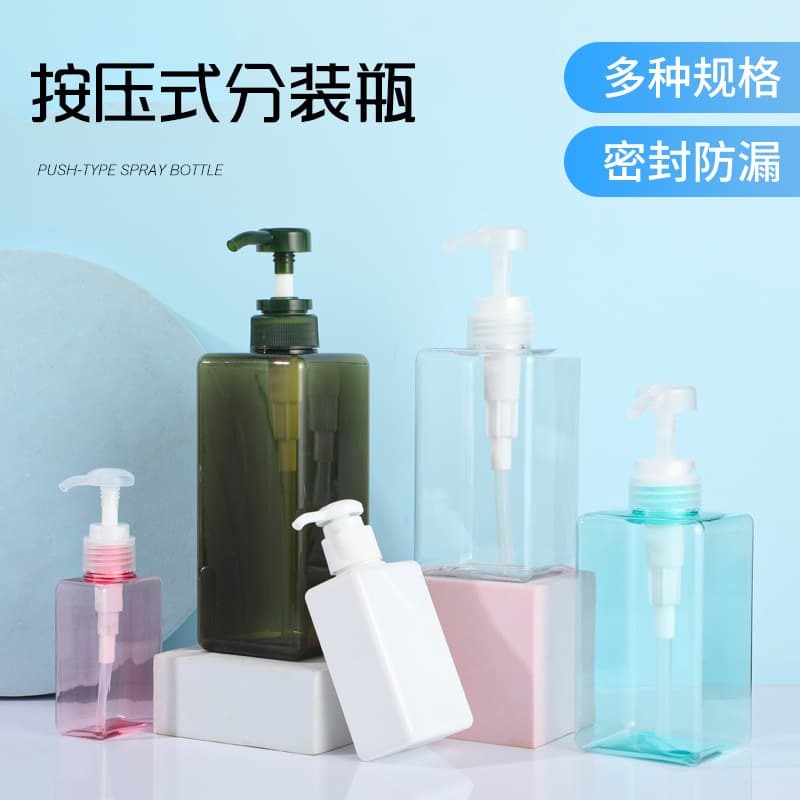 Wholesale transparent square pump bottles in various sizes, hand sanitizer dispensing bottles, shower gel and shampoo dispensing bottles.