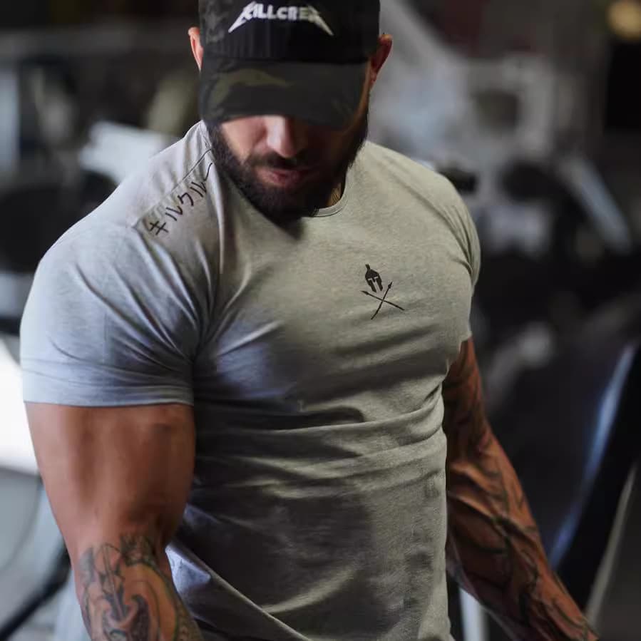 New Slim Fit T-Shirt Muscular GYM Short Sleeve Men's Outdoor Fitness Training Wear Stretch Thin Slim Round Neck