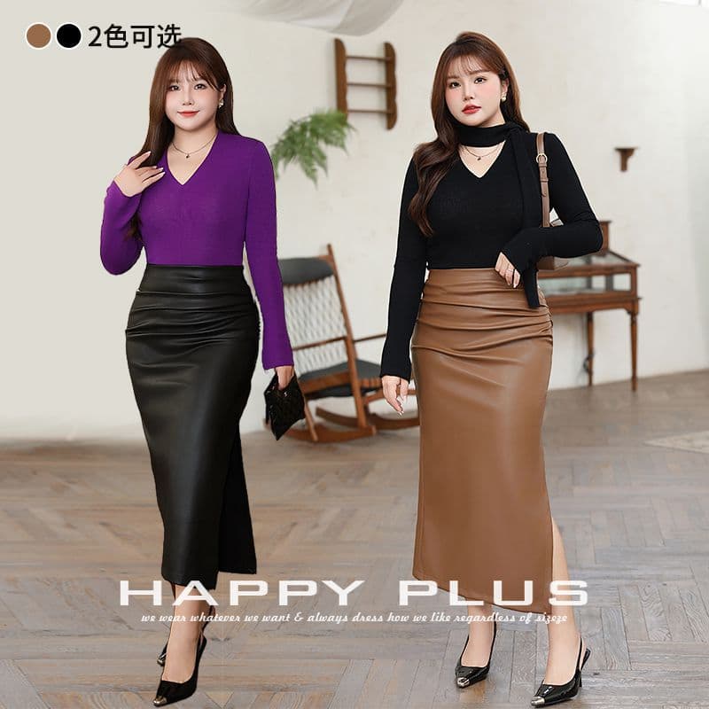 Pleated, slimming, slit midi high-waisted leather skirt, plus size 9017, sexy French style PU midi skirt.