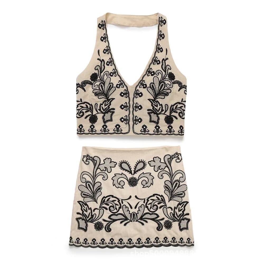 Wholesale Women's Wear Fitted Short Halterneck Embroidered Vest 1821031 Embroidered Mini Skirt 1821030