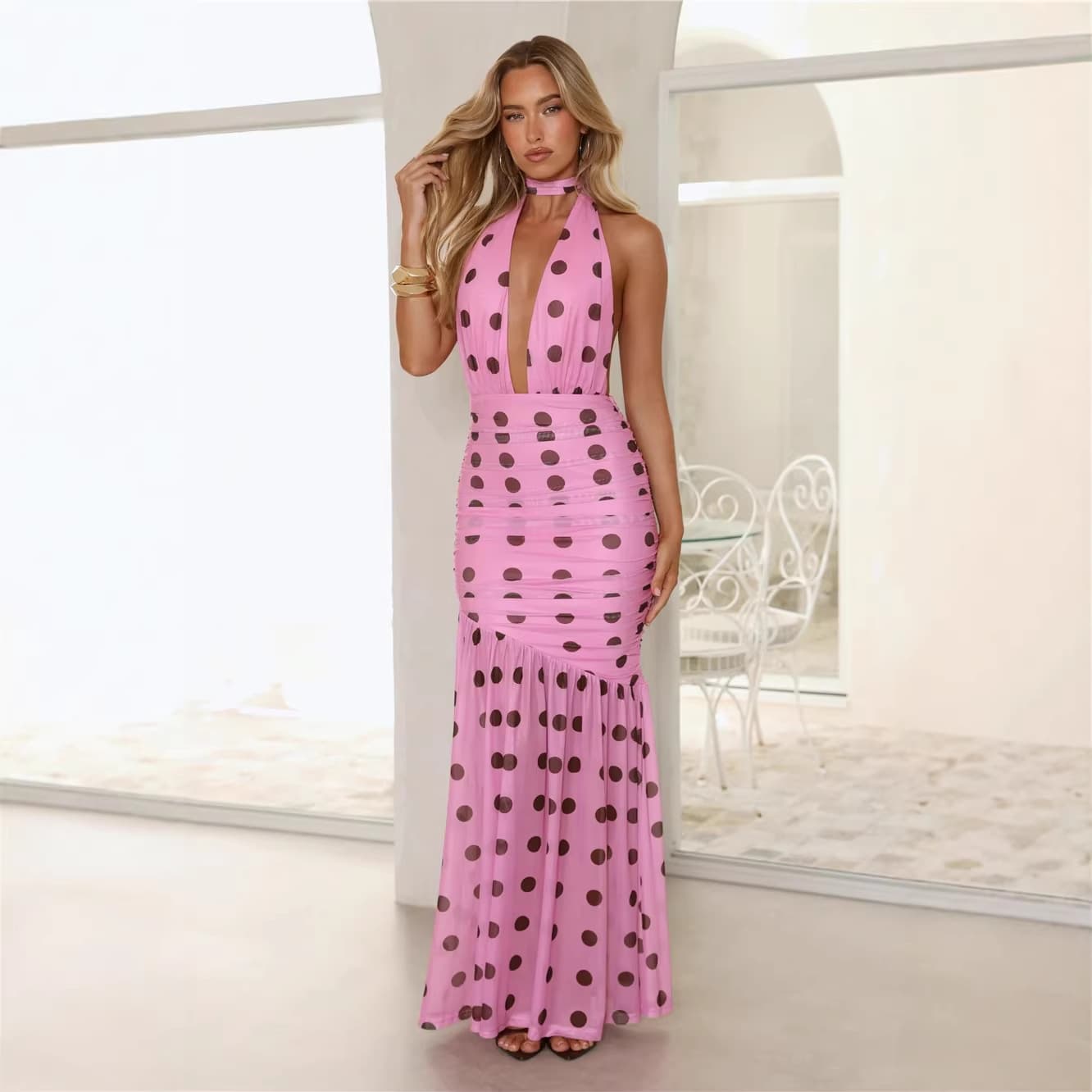 S32381 European and American Cross-Border Fashion Sexy Beach Vacation Slimming Polka Dot Mesh Tie Neck Dress for Women