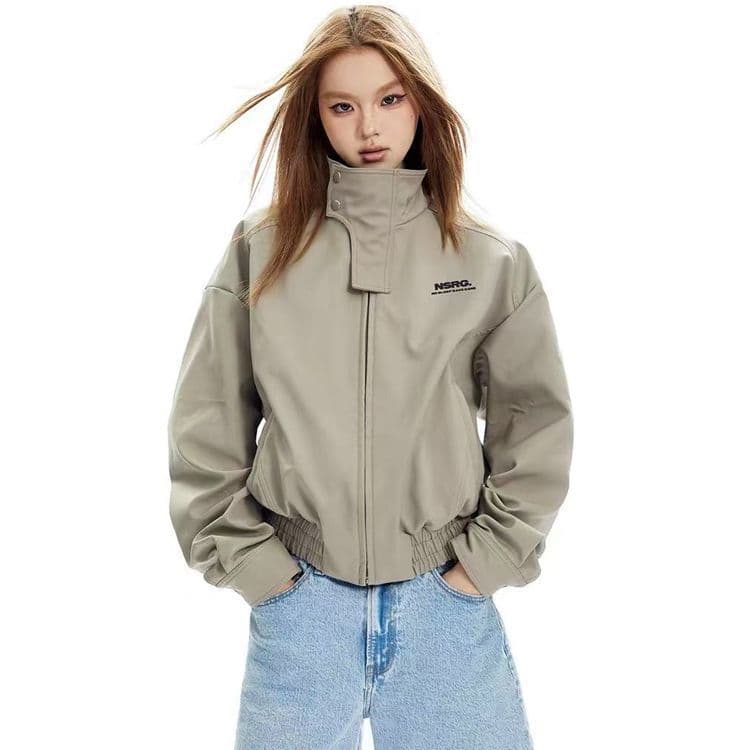American retro functional wind jacket for women, autumn/winter stand-collar top, outdoor fleece-lined windbreaker.