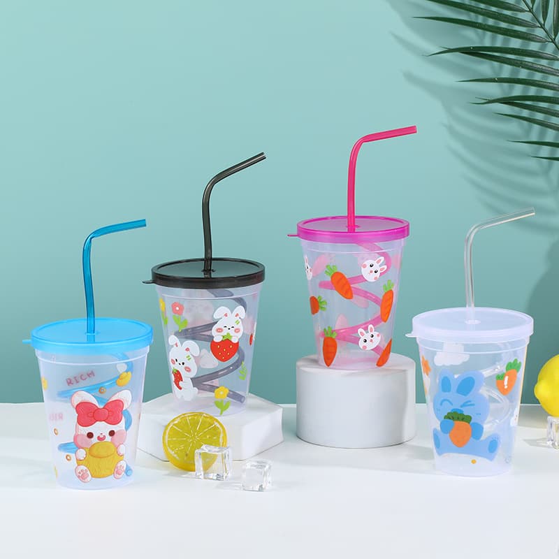 Cross-Border Supply Plastic Straw Cup, Cute Cartoon Bunny Carrot Straw Water Cup, Children's Plastic Cup