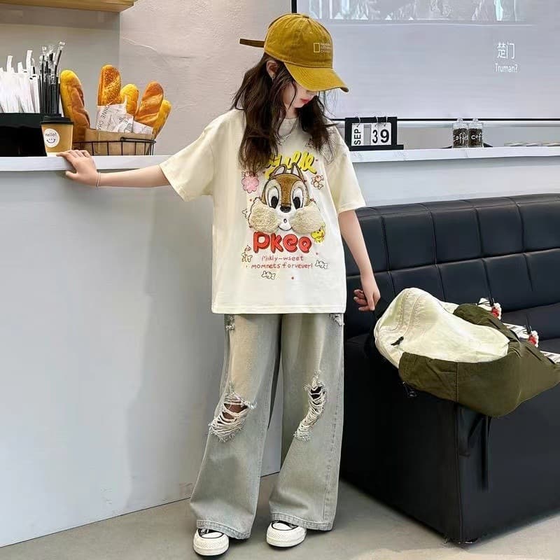 Girls' Summer Outfit Set 2024 New Style Girls' Big Kids' Short-Sleeve T-Shirt Wide-Leg Pants Jeans Summer Two-Piece Set 9