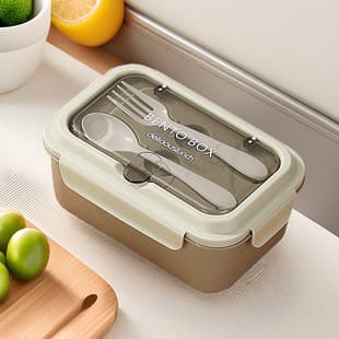 Nordic Style PP Bento Lunch Box with 304 Stainless Steel Compartments, Includes Fork and Spoon, Microwave Safe, Portable Lunch Container