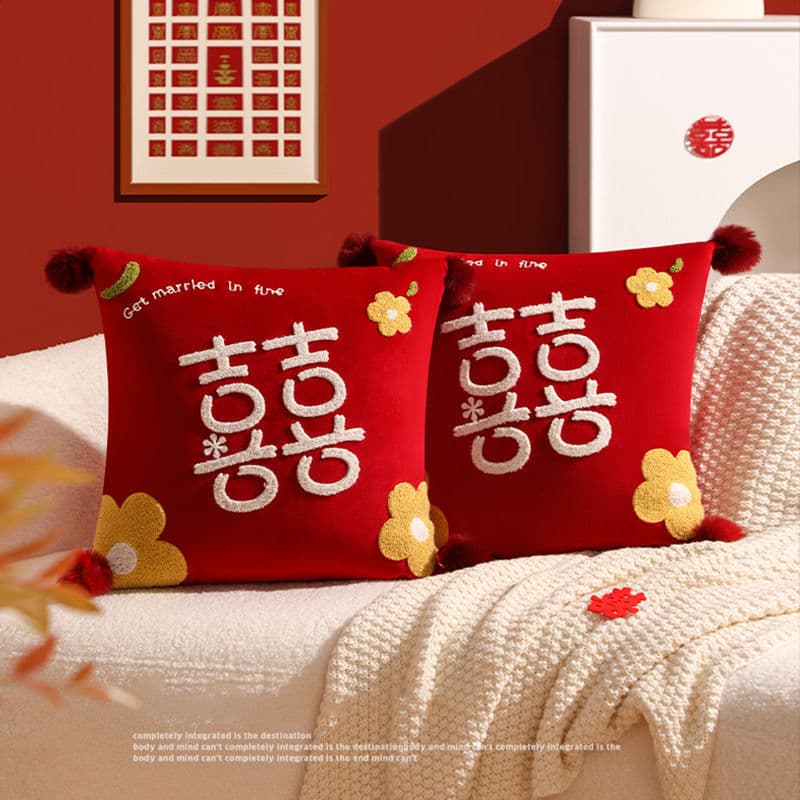 Red Wedding Pillow Pair for Bed and Sofa, Newlywed Double Happiness Cushion for Bridal Chamber Decoration