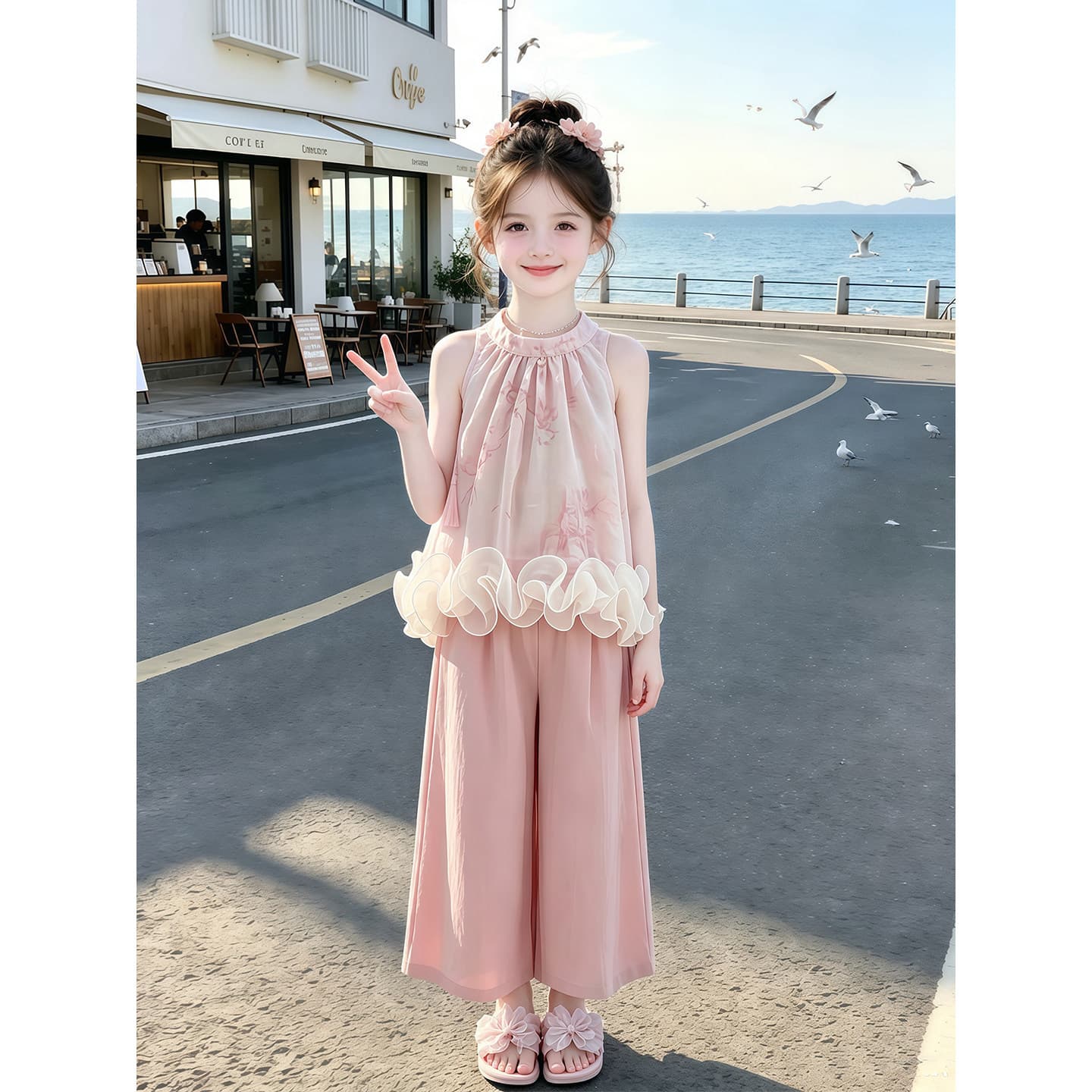 Girls Summer National Style Suit 2026 New Children's Style Lace Halter Top Thin Wide Leg Pants Two-piece Set