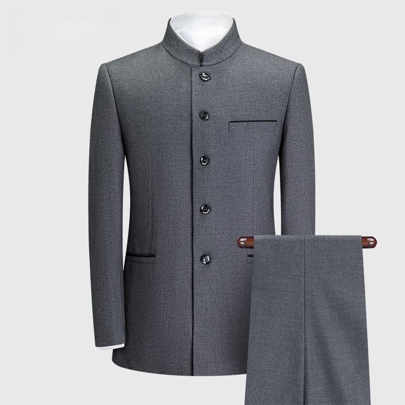 Men's Autumn Winter New Slim Fit Chinese Stand Collar Suit Set Middle-Aged Solid Color Thick Zhongshan Suit Two-Piece Set