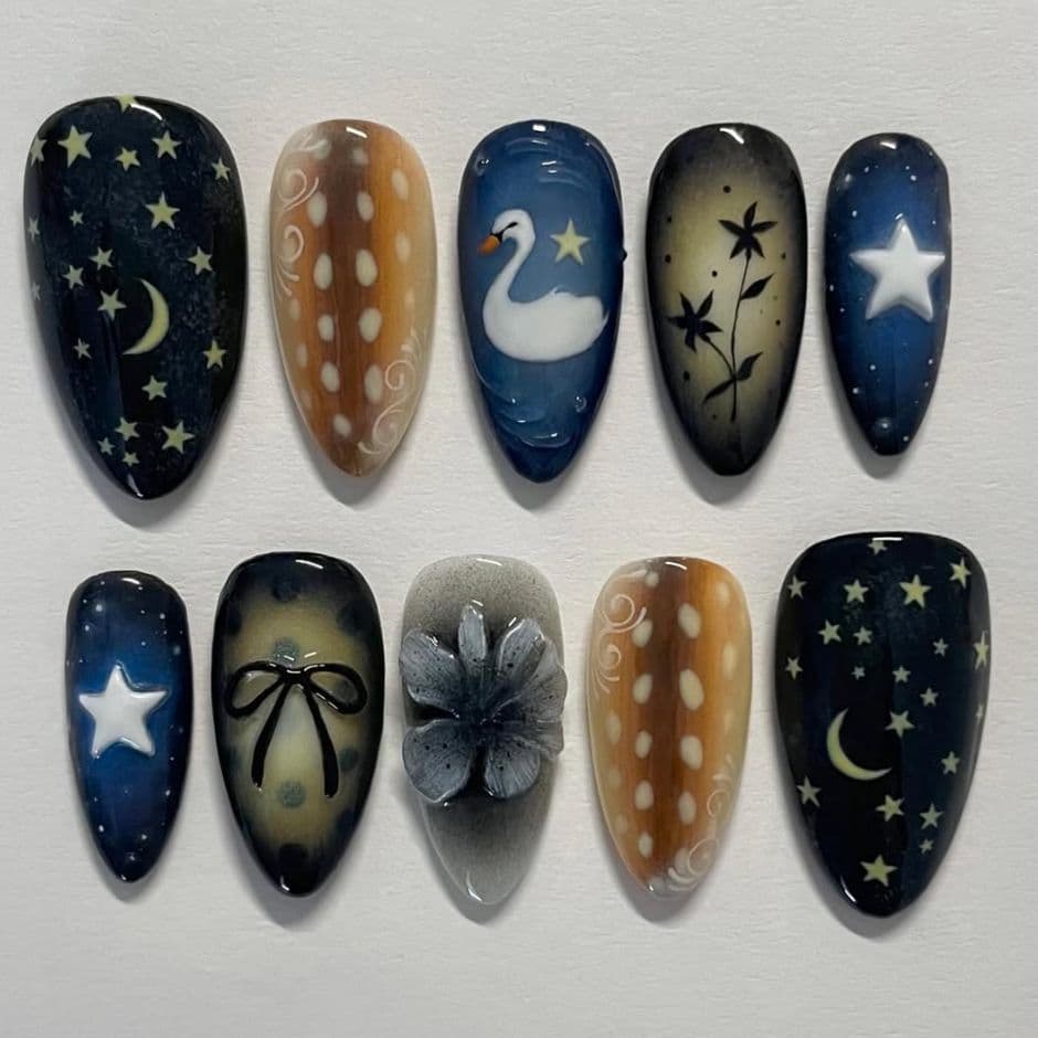 WM-246 Star and Moon Swan False Nails Almond Star Bow Flower Polka Dot 24 Pieces Wearable Nail Nails Wholesale
