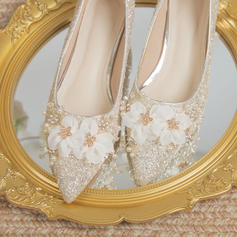 Silver Bridal Shoes 2025 New Style Chunky Heel High Heels for Women Comfortable for Pregnant Brides Crystal Wedding Shoes