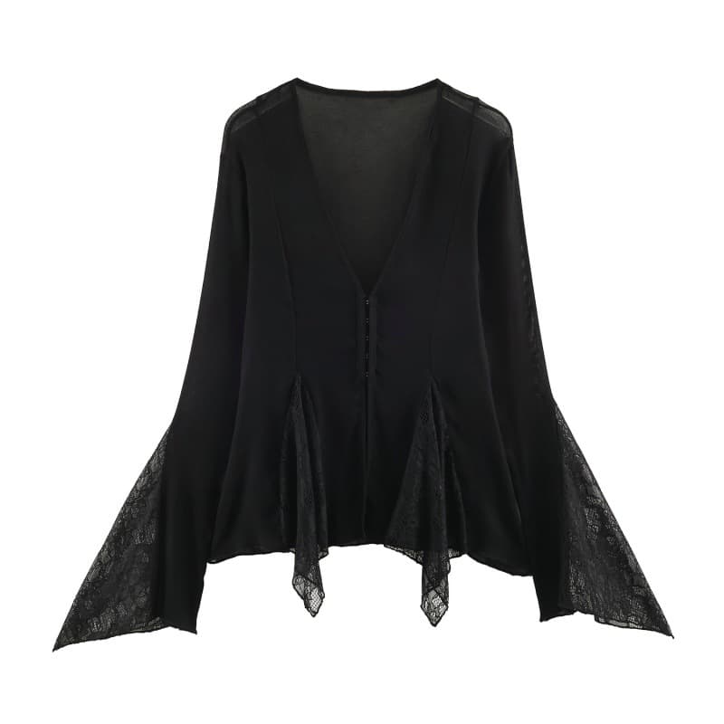 PB&ZA French New Style Pure Desire Hot Girl Lace Patch Bell Sleeve V-Neck Top 5584188