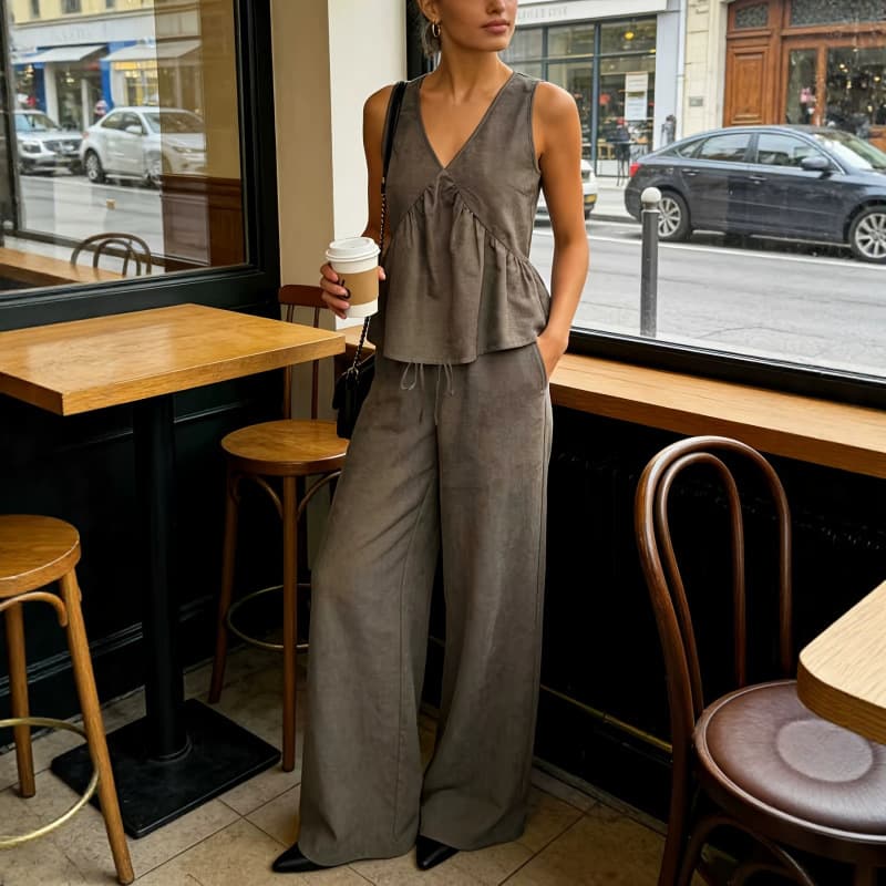 Summer French V-Neck Sleeveless Vest Set for Women, Loose Drape High-Waist Wide-Leg Pants Casual Two-Piece Set