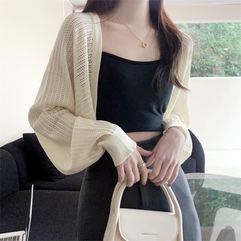 2025 Summer Thin Loose Knitted Cardigan Air Conditioning Sun Protection Blouse Waistoutwear Lantern Sleeve Short Top Small Tops