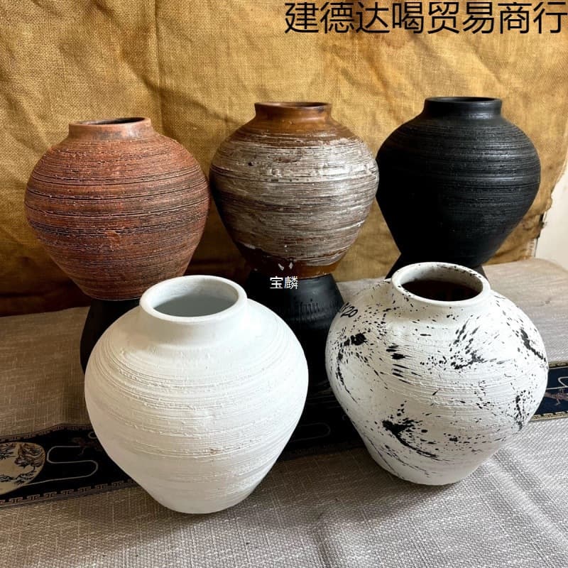 Chinese-style Vintage Handcrafted Vase, Large Mouth for Dried Flowers, Coarse Pottery Ceramic Vessel, Water Culture Planter, Wabi-Sabi Style Vase
