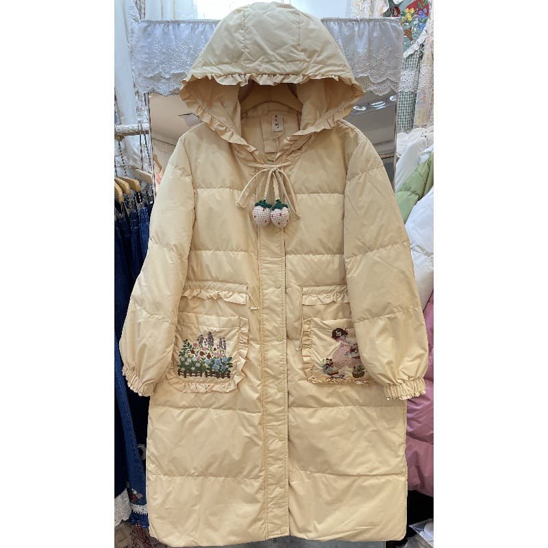 2025 Korean Clothing Shop Winter New Sweet Cute Hooded Embroidery Strawberry Bow Tie Warm Down Jacket