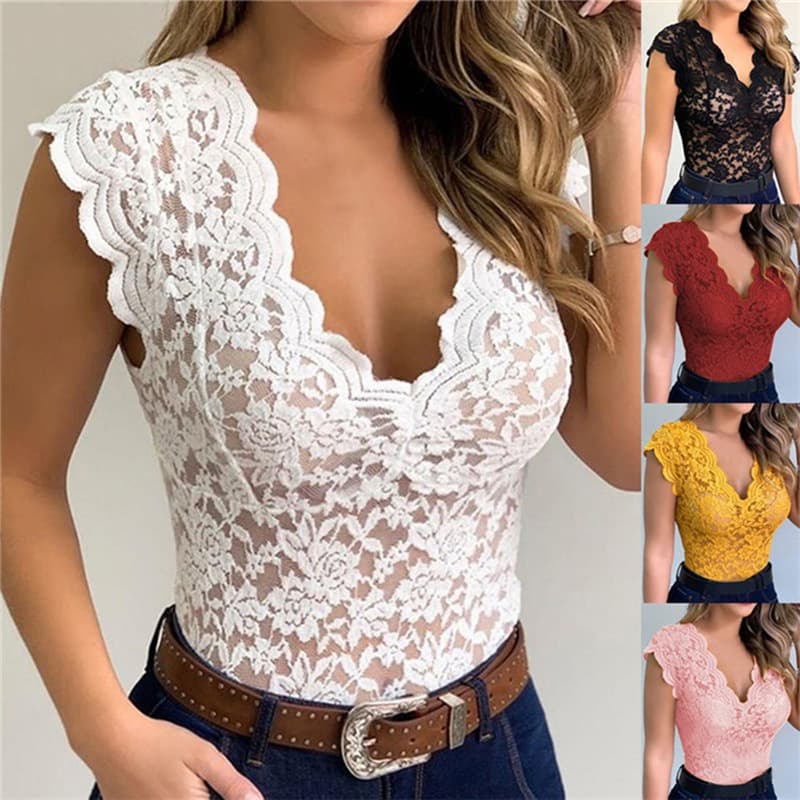 Export Summer Women's V-Neck Cutout Sexy Fitted Top, Solid Color Pullover Lace Blouse