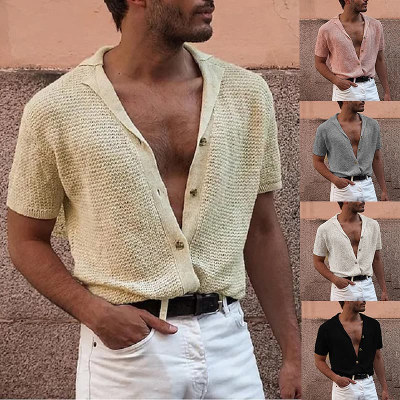 European and American Fashion Men's Cardigan Casual Lapel Short-Sleeve Knit Single-Breasted Cardigan Cross-Border Men's Sweater