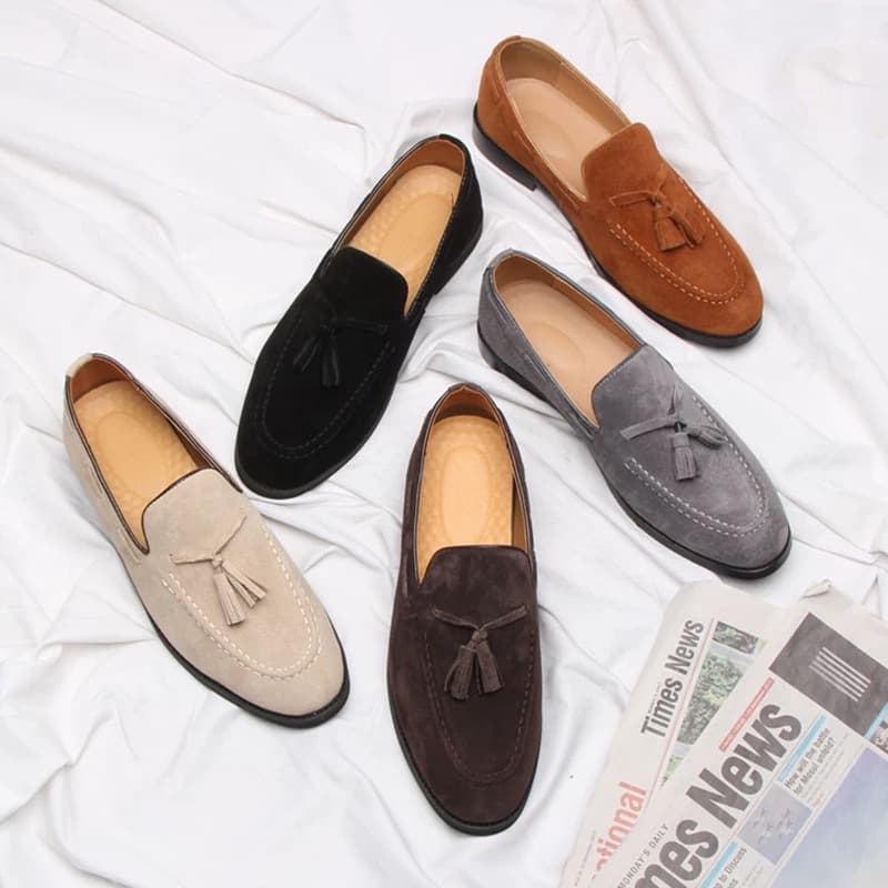 Pointed toe lazy shoes solid color slip-on spring casual small leather shoes men's British loafers tassel bean shoes trendy shoes