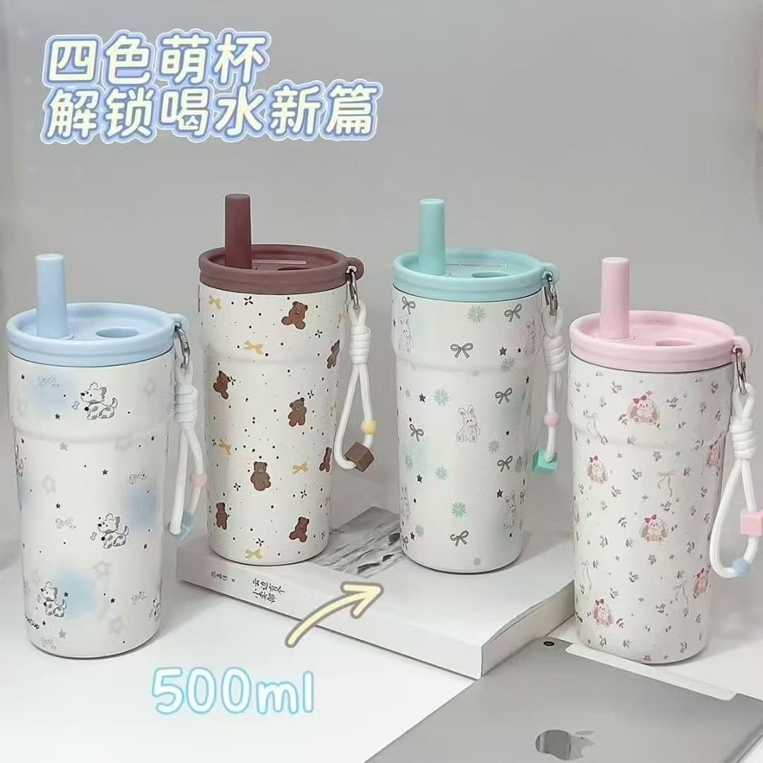 New Cartoon Cute Straw Cup for Students and Children, Stylish Coffee Cup, Thermos Cup, Water Cup, 316 Stainless Steel