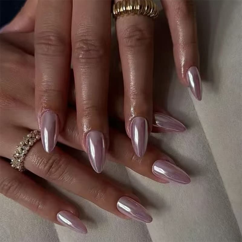 Xiaohongshu Hot Selling Premium Pure Desire European and American Wearable Purple Electroplated Aurora Almond Nails 24 Pieces Nail Art Stickers
