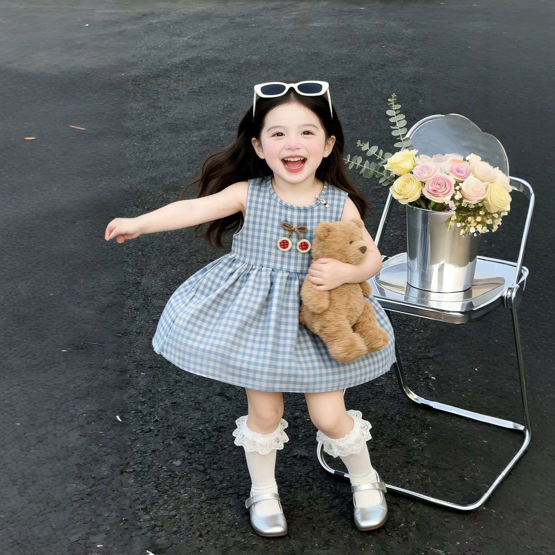 Girls' 2026 Summer New Dress, Baby Girl Blue and White Plaid 3D Casual Doll Fashion Stylish Dress
