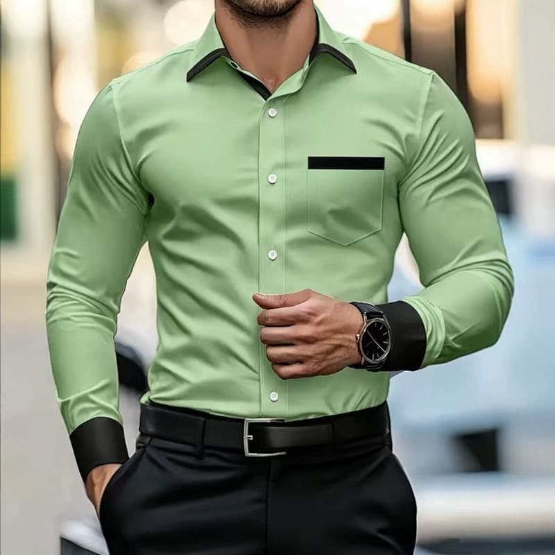 2026 Cross-Border Fashion Contrast Color Long-Sleeve Shirt for Men, Wrinkle-Free Turn-Down Collar Slim Fit Stretch Cardigan Thin Style