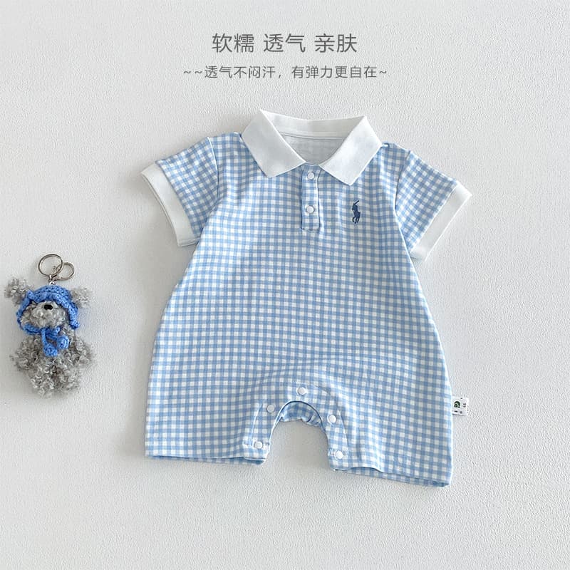 Baby plaid short crawl summer polo suit for men and women baby jumpsuit thin section going out lapel short-sleeved harem suit
