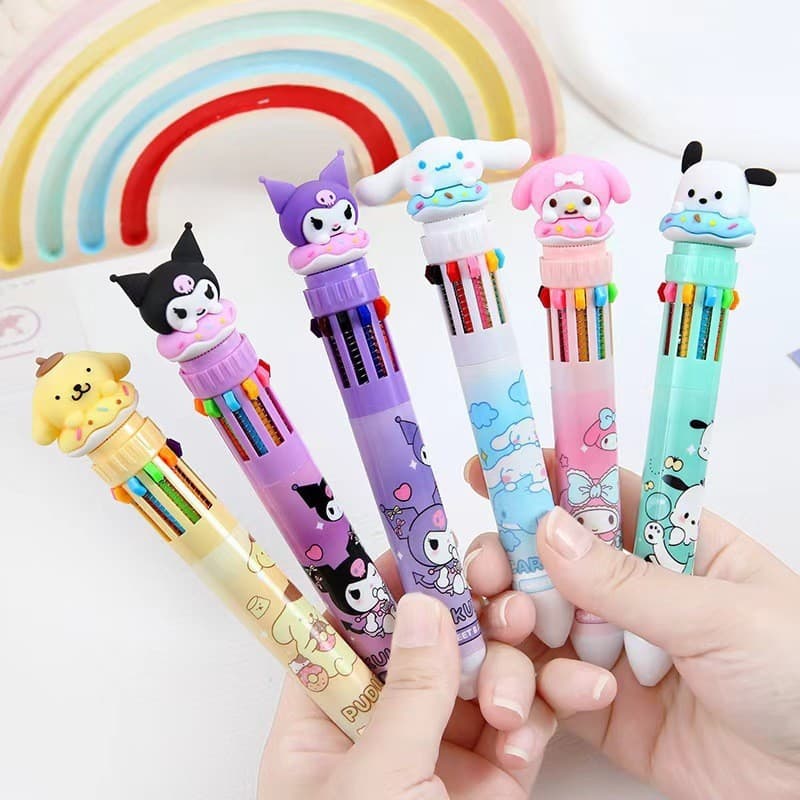 Sanrio 10-Color Ballpoint Pen, High Appearance, Student Push-Button Multi-Color Pen, Cute and Playful, for Journaling, 10 Colors Mixed Styles