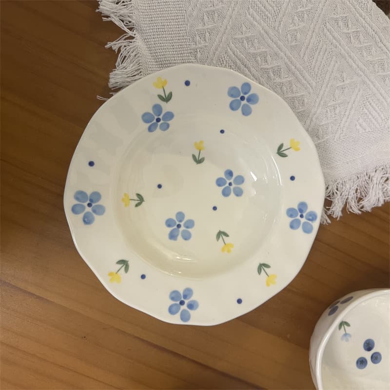 Korean INS Style Irregular Hand-Pinched Hand-Painted 8-Inch Ceramic Deep Plate, High-Appearance Dessert Plate Salad Plate Soup Plate