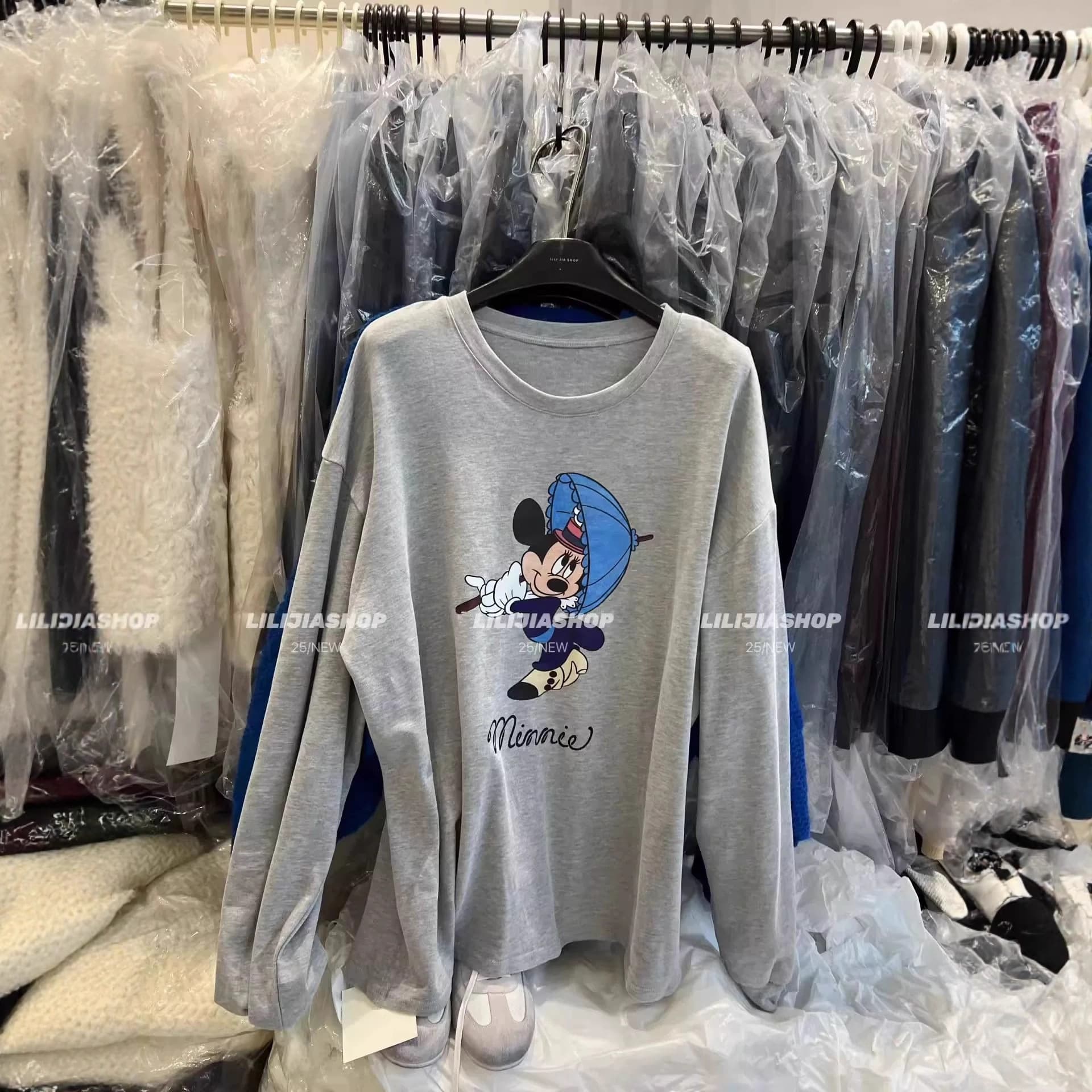 Korean Dongdaemun Pure Cotton Spring/Autumn New Loose Fit Slimming Age-Reducing Cartoon Mickey Mouse Long-Sleeve T-Shirt Top for Women
