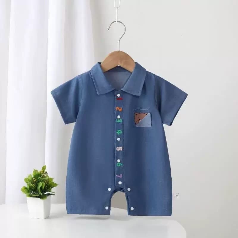 Summer clothing, fashionable infant denim bear crawling suit, lapel male and female baby onesie, Korean version going out clothes, other short-sleeved clothes