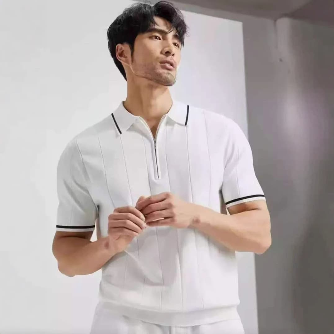 Factory direct sales Korean style summer short-sleeved casual sweater simple small fragrance striped half-zip trendy men's polo shirt