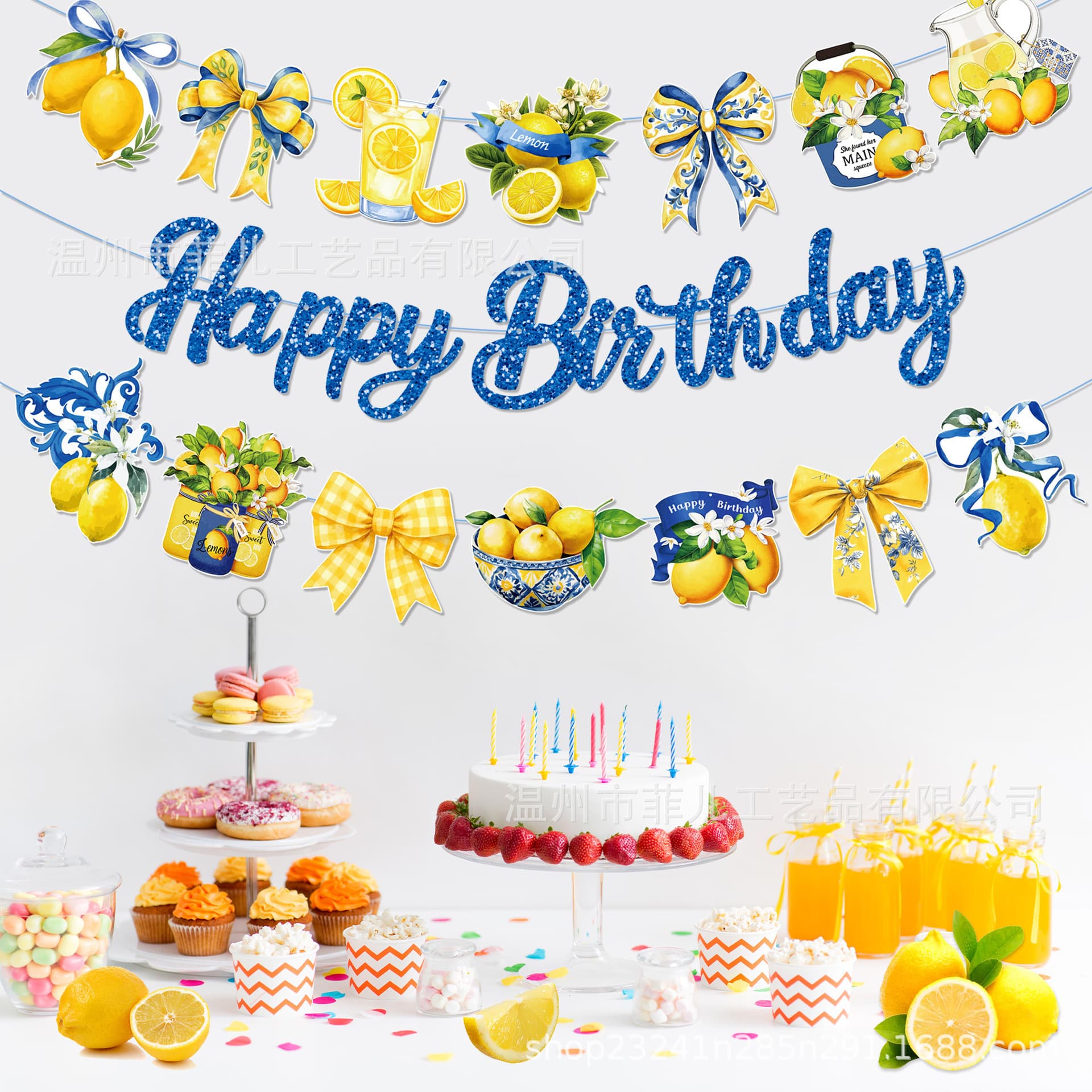 BA511 blue and white lemon birthday bunting flag pull banner 3 flags blue and white porcelain lemon party theme hanging flag