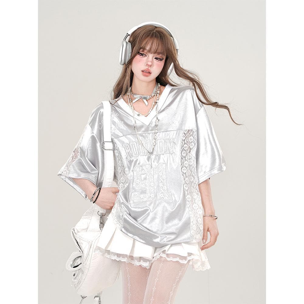 Retro American Splice White V-neck Lace Loose Sporty Short-sleeved T-shirt Women Summer New Style Couple Tops Cotton Material