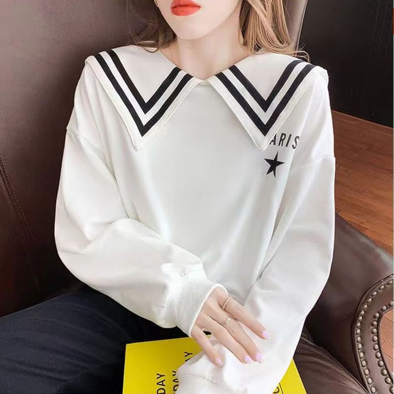 New Contrast Color Long Sleeve Sweatshirt for Women 2025 Spring Autumn College Style Loose Fit Trendy Versatile Gentle Style Long Sleeve Top