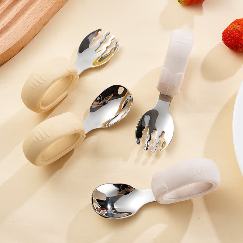 Silicone Handle 304 Stainless Steel Children's Training Fork and Spoon, Rabbit-shaped Curved Spoon for Creative Baby Feeding