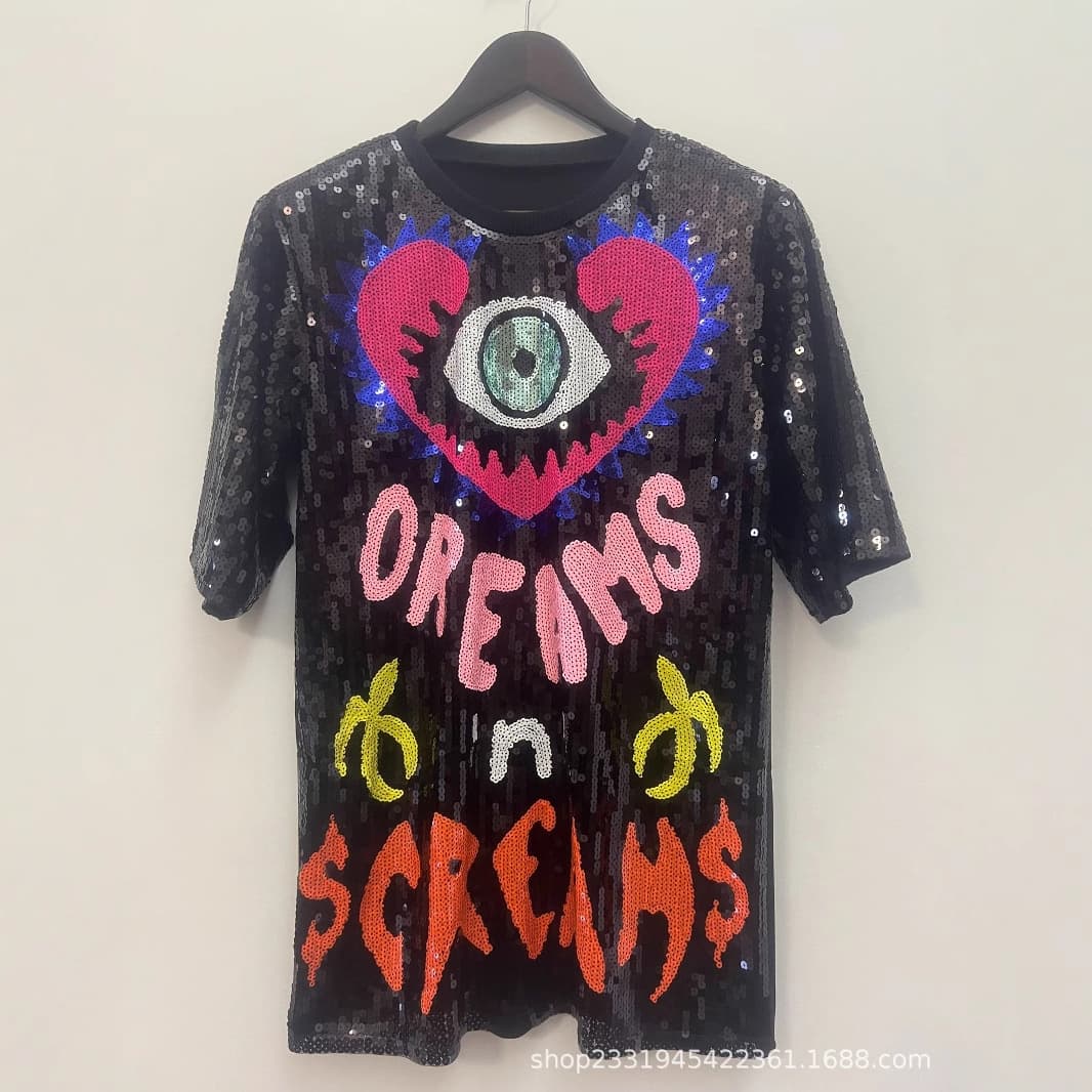 Cross-Border Supply Women's Clothing 2025 New Fashion Letter Sequin T-Shirt Mid-Length Loose Eye Top Performance Clothing