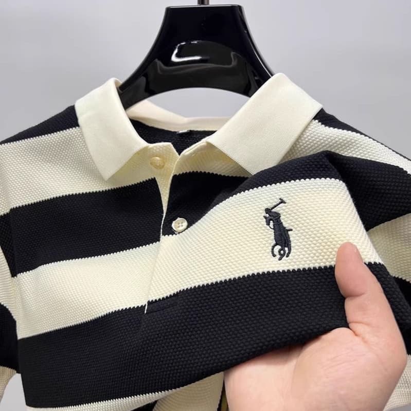 Fashion Polo Shirt for Men Summer Lapel Breathable Striped Short Sleeve T-Shirt Trendy Youth Versatile Top